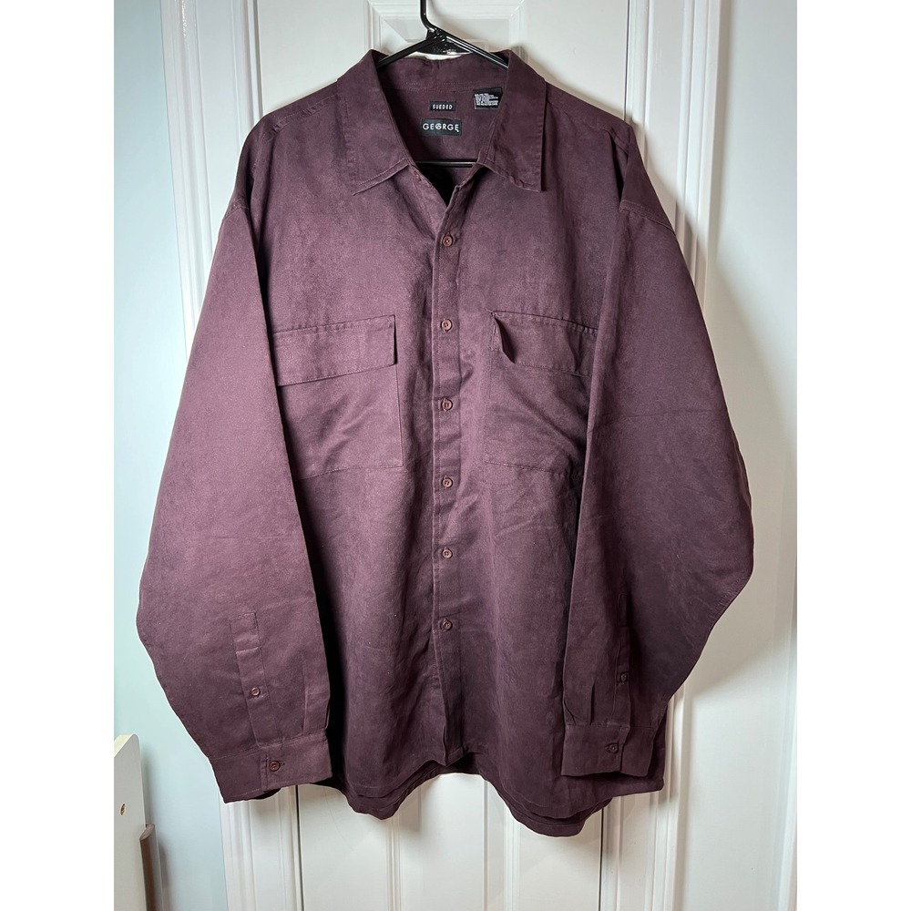 George Mens 2XL Sueded Long Sleeve Button Down Shirt Burgundy Plum 1074